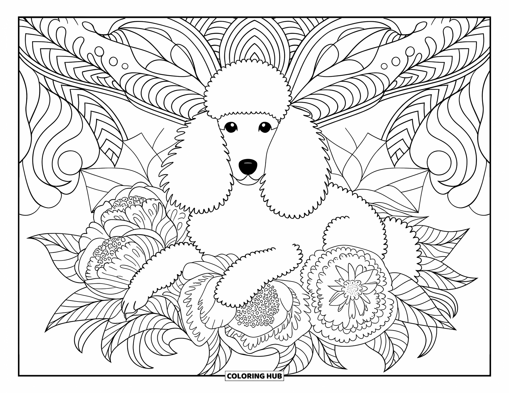 Poodle Coloring Page for Adults: A relaxed poodle lies in peonies, framed by a detailed botanical mandala