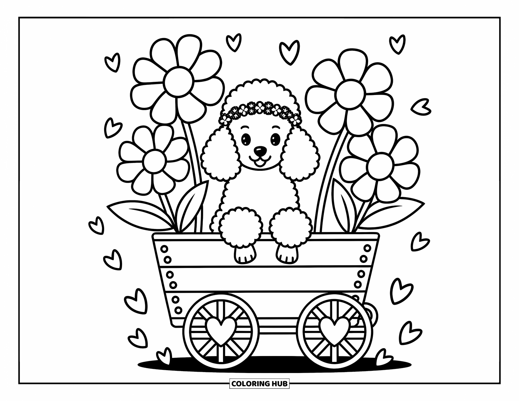 Poodle Coloring Page for Adults: A sweet poodle in a flower cart wears a tiny crown as petals float gently around