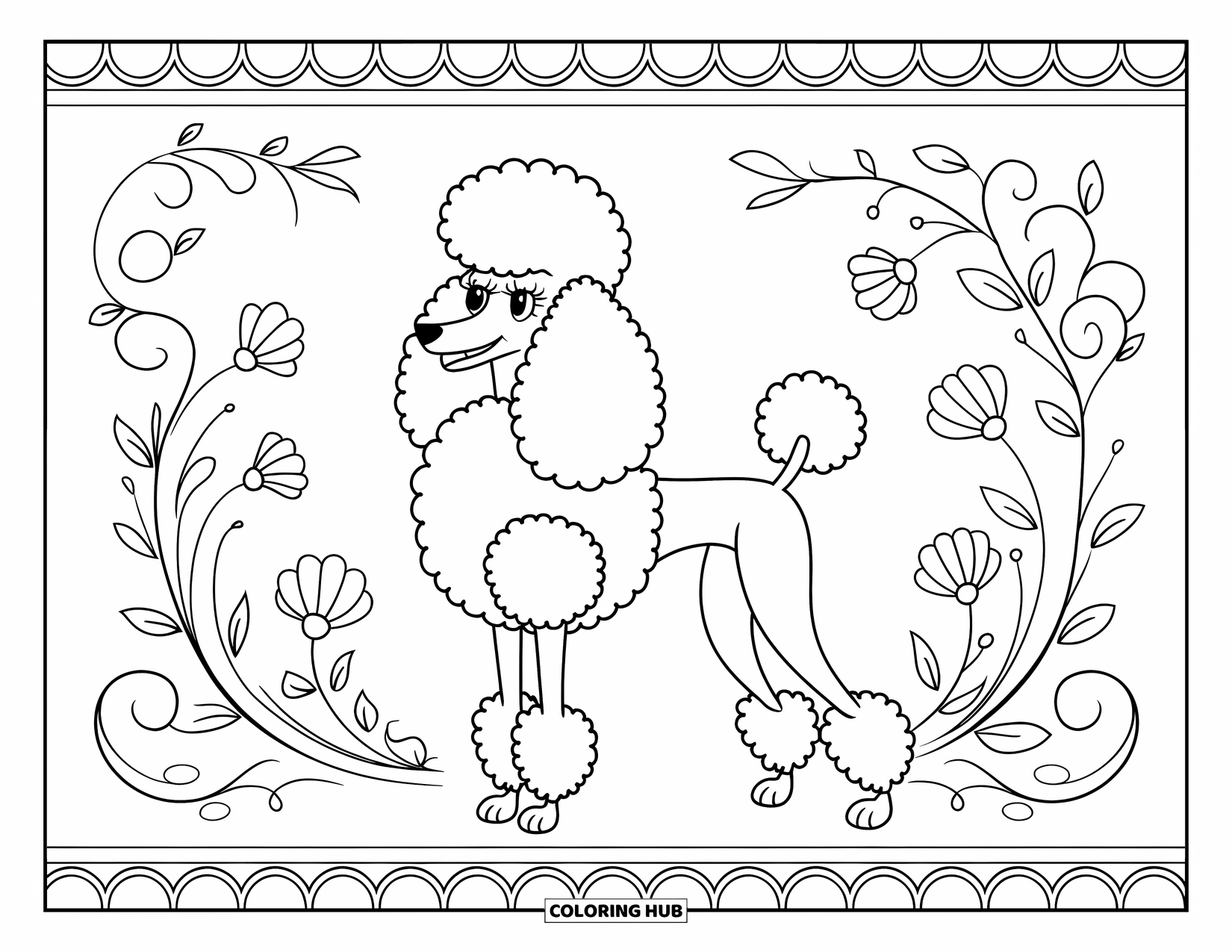 Poodle Coloring Page for Adults: An elegant poodle poses with floral vines and a decorative border