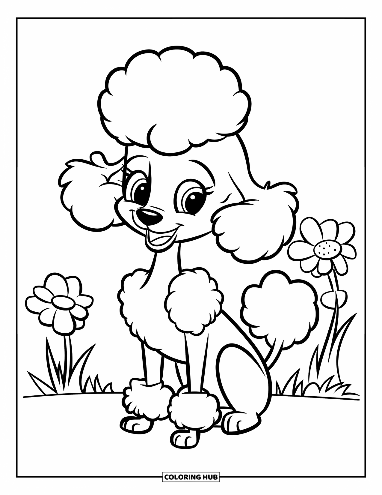 Poodle Coloring Page for Kids: A cheerful poodle sits in a grassy field surrounded by flowers
