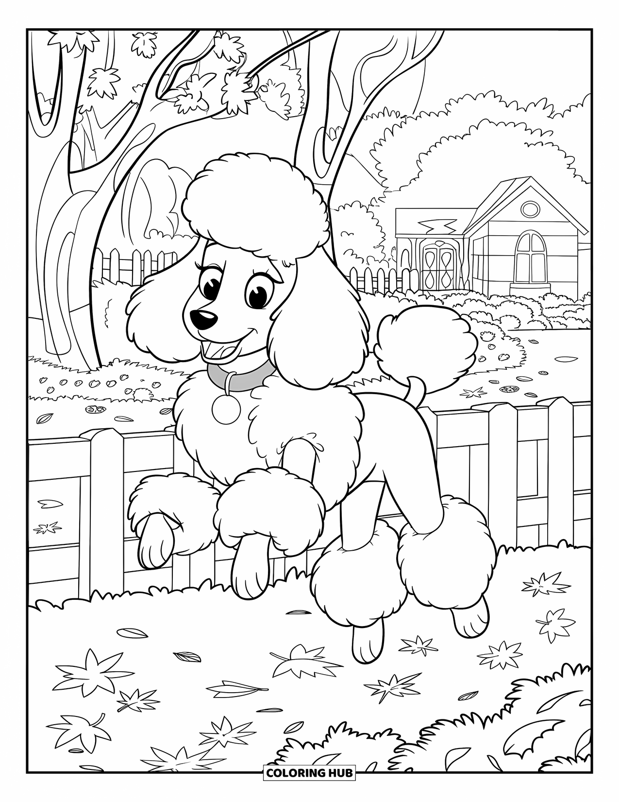 Poodle Coloring Page for Kids: A curly poodle plays in a leaf-covered park near a brick house