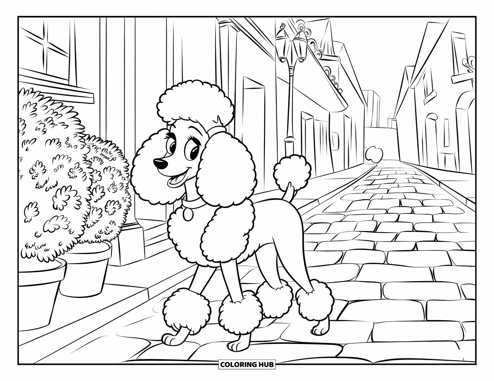 Poodle Coloring Page for Kids: A curly poodle walks down a quaint town street with plants and lampposts