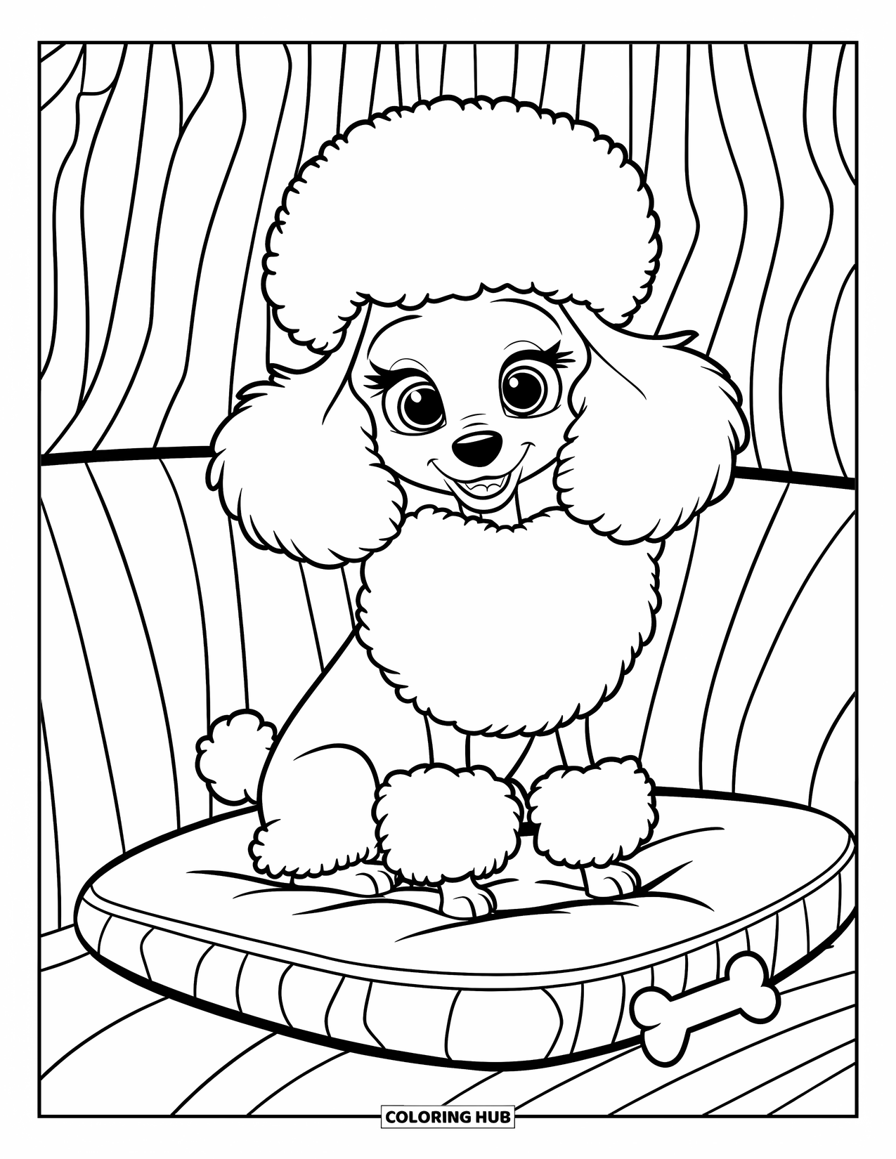 Poodle Coloring Page for Kids: A cute poodle sits on a striped cushion with a toy bone nearby