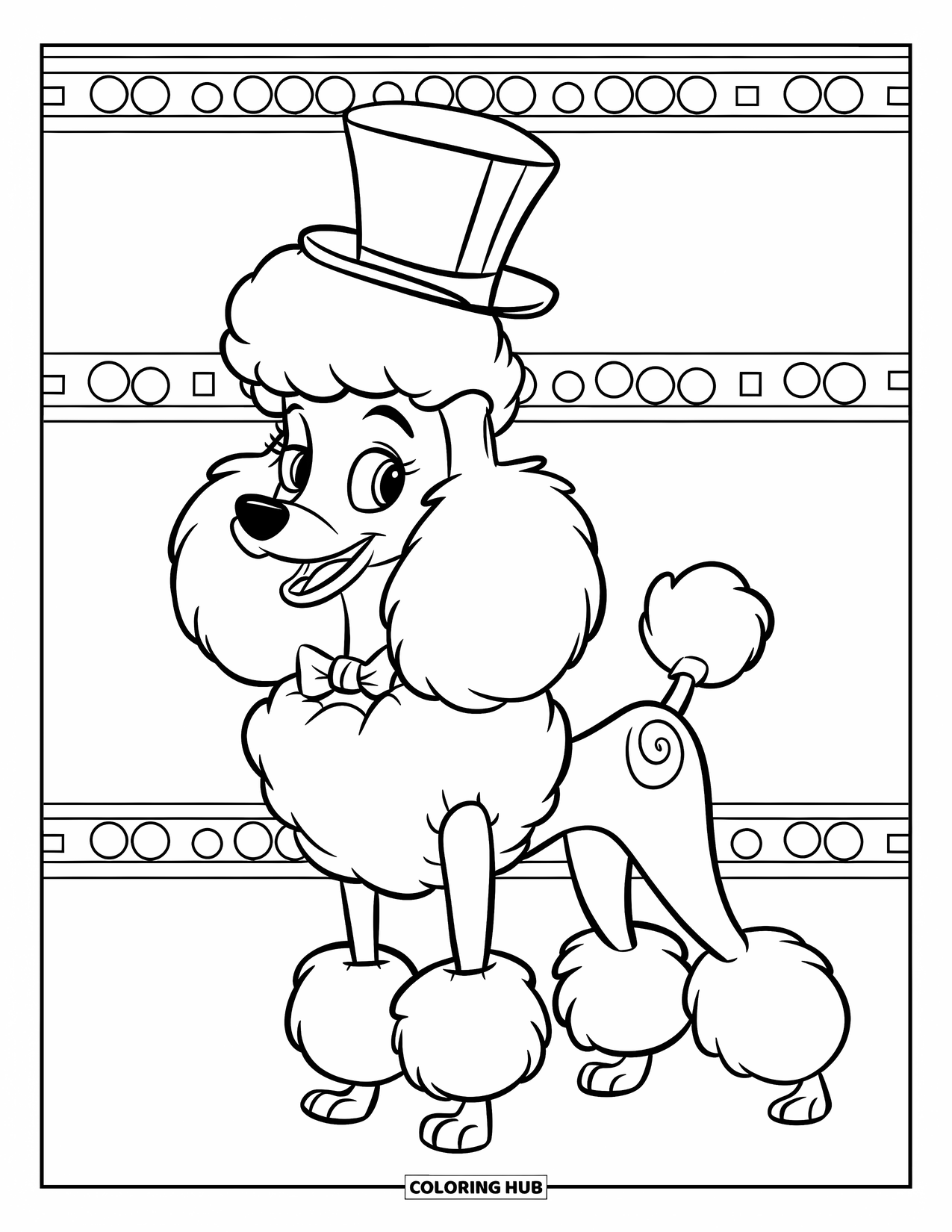 Poodle Coloring Page for Kids: A dapper poodle with a bowtie and top hat stands on patterned ground