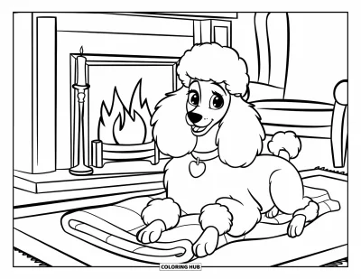 Desen de colorat cu pudeli pentru copii: Un pudel pufos se odihnește lângă un șemineu cald într-un living primitor