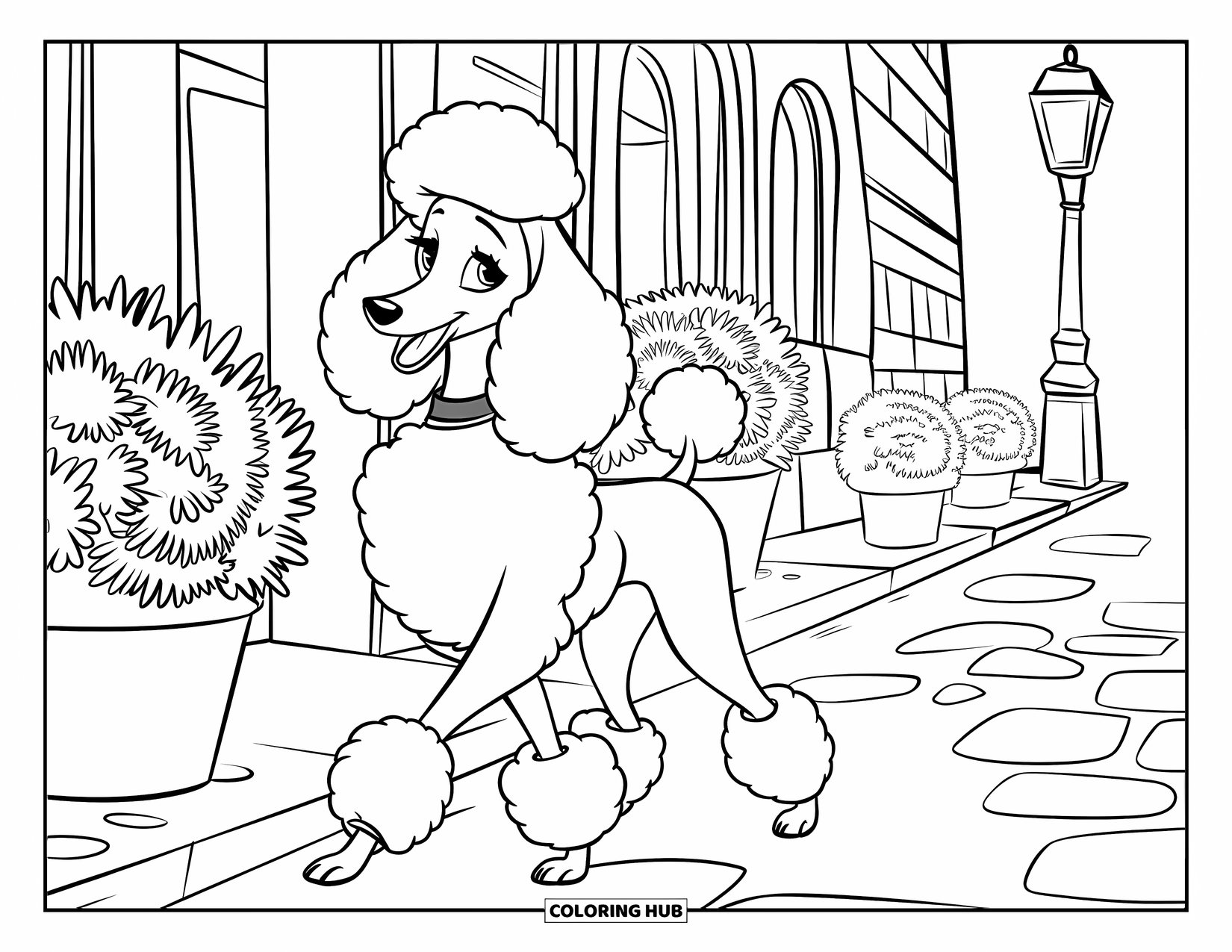 Poodle Coloring Page for Kids: A groomed poodle walks down cobblestones beside potted plants and a lamppost