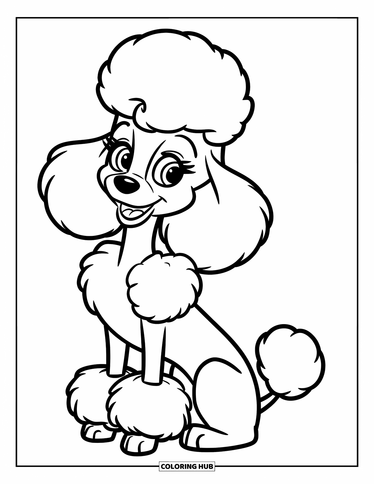Poodle Coloring Page for Kids: A happy poodle sits with a big fluffy tail and playful expression