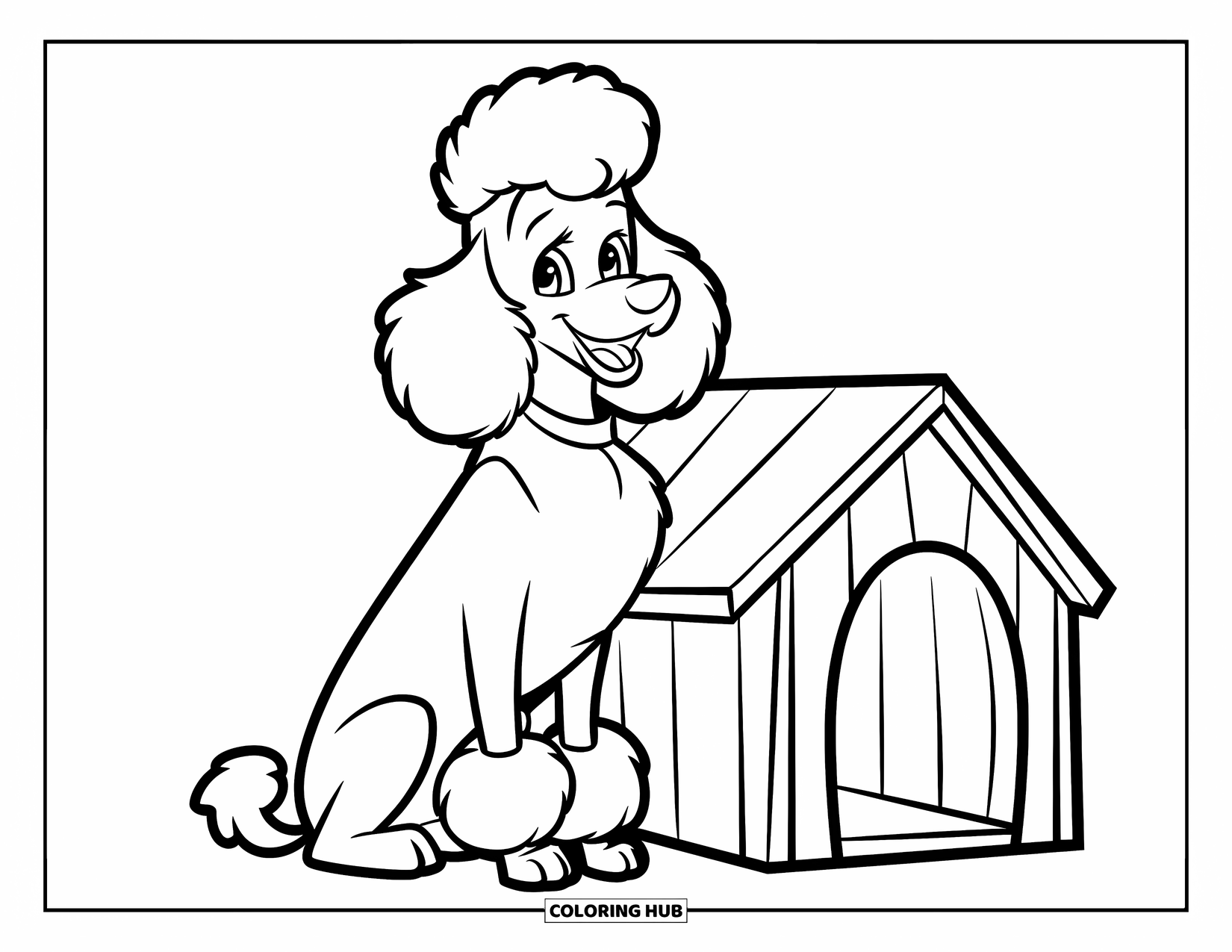 Poodle Coloring Page for Kids: A happy poodle with a collar sits beside a wooden doghouse