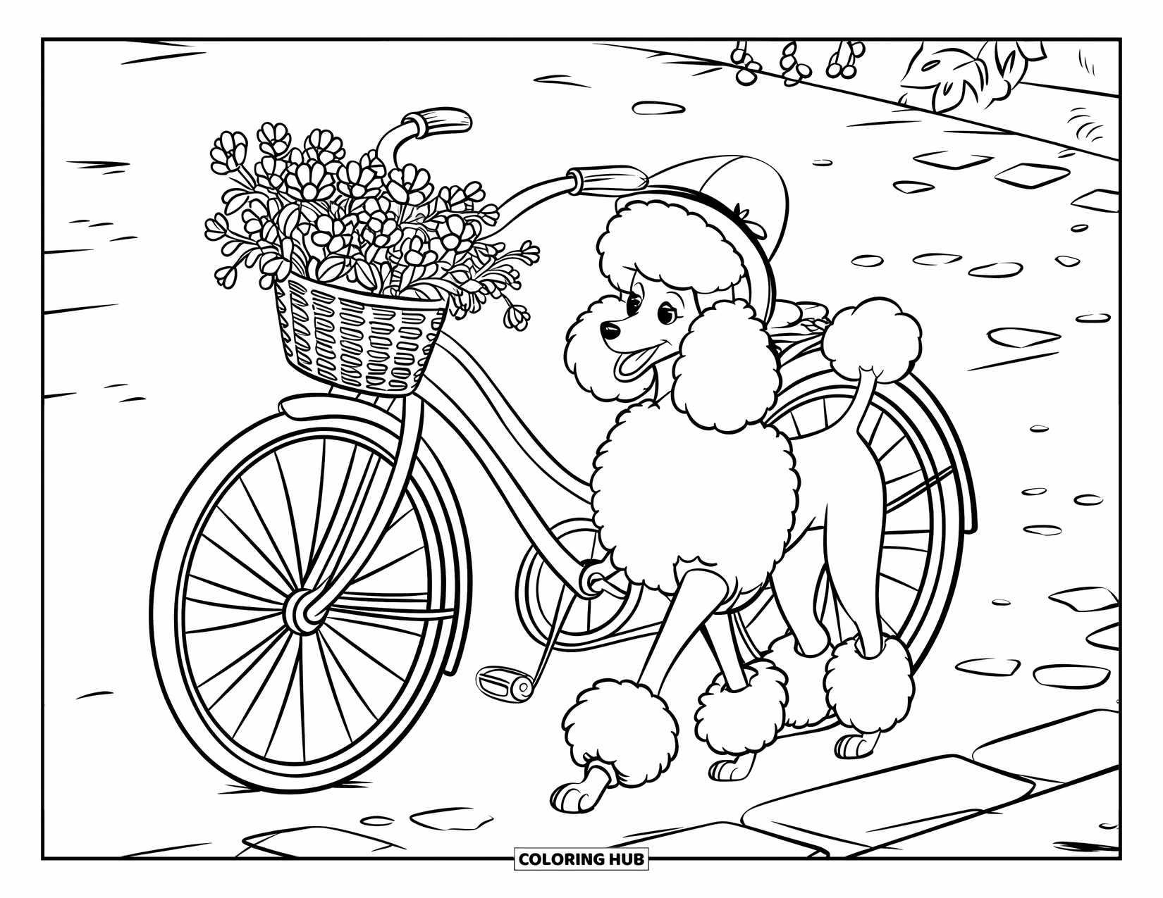 Poodle Coloring Page for Kids: A hat-wearing poodle walks beside a bike with flowers along a cobblestone street