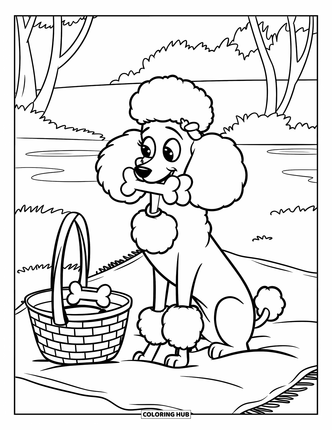 Poodle Coloring Page for Kids: A poodle holds a bone cookie while picnicking near a lake and trees