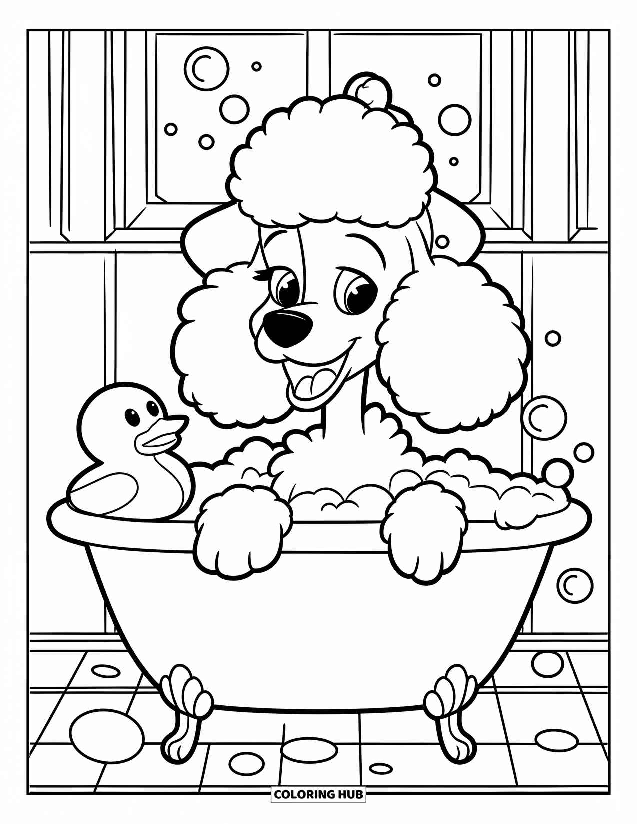 Poodle Coloring Page for Kids: A poodle in a bubble bath relaxes with a rubber duck in a cozy bathroom