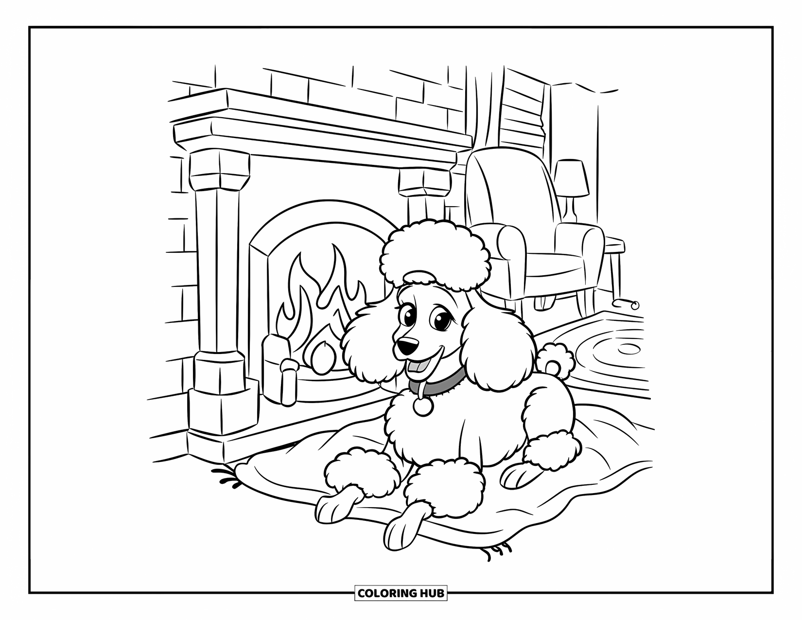 Poodle Coloring Page for Kids: A poodle in a cozy room curls up near a fireplace and dog blanket
