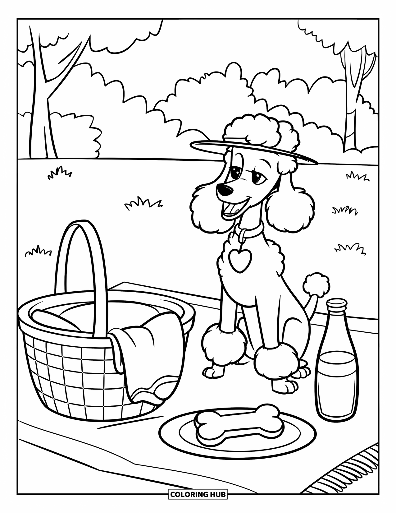 Poodle Coloring Page for Kids: A poodle in a hat enjoys a picnic with treats in a sunny grassy field