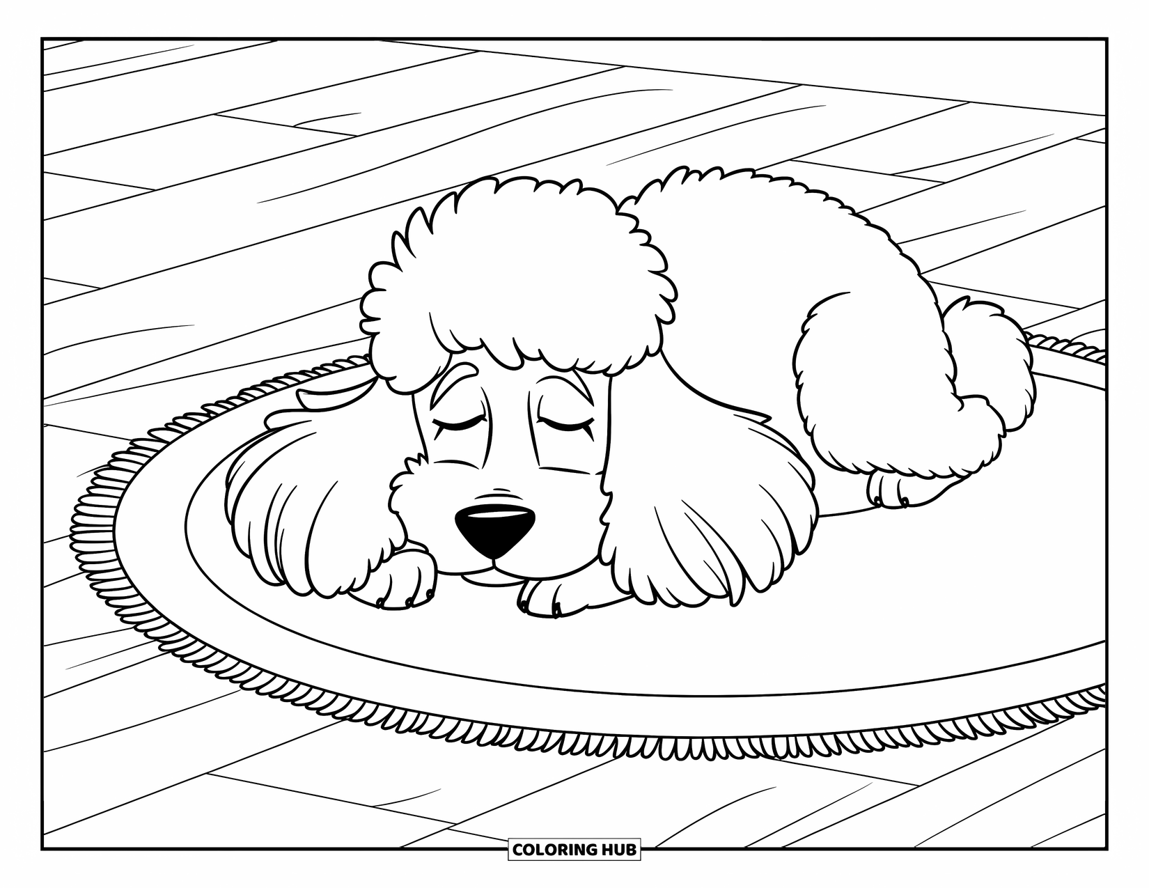 Poodle Coloring Page for Kids: A poodle naps quietly on a cozy round rug on a wooden floor