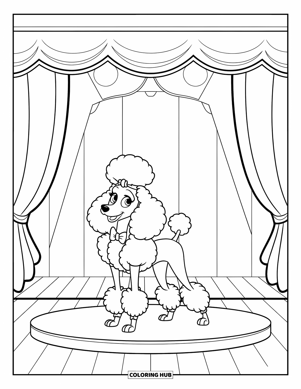 Poodle Coloring Page for Kids: A poodle with a bow poses on a stage under a spotlight and curtain