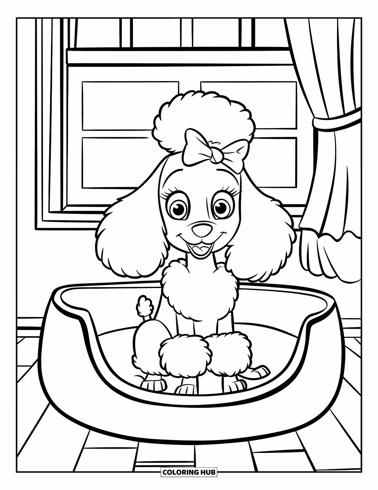 Poodle Coloring Page for Kids: A poodle with a bow rests in a dog bed near a curtained window
