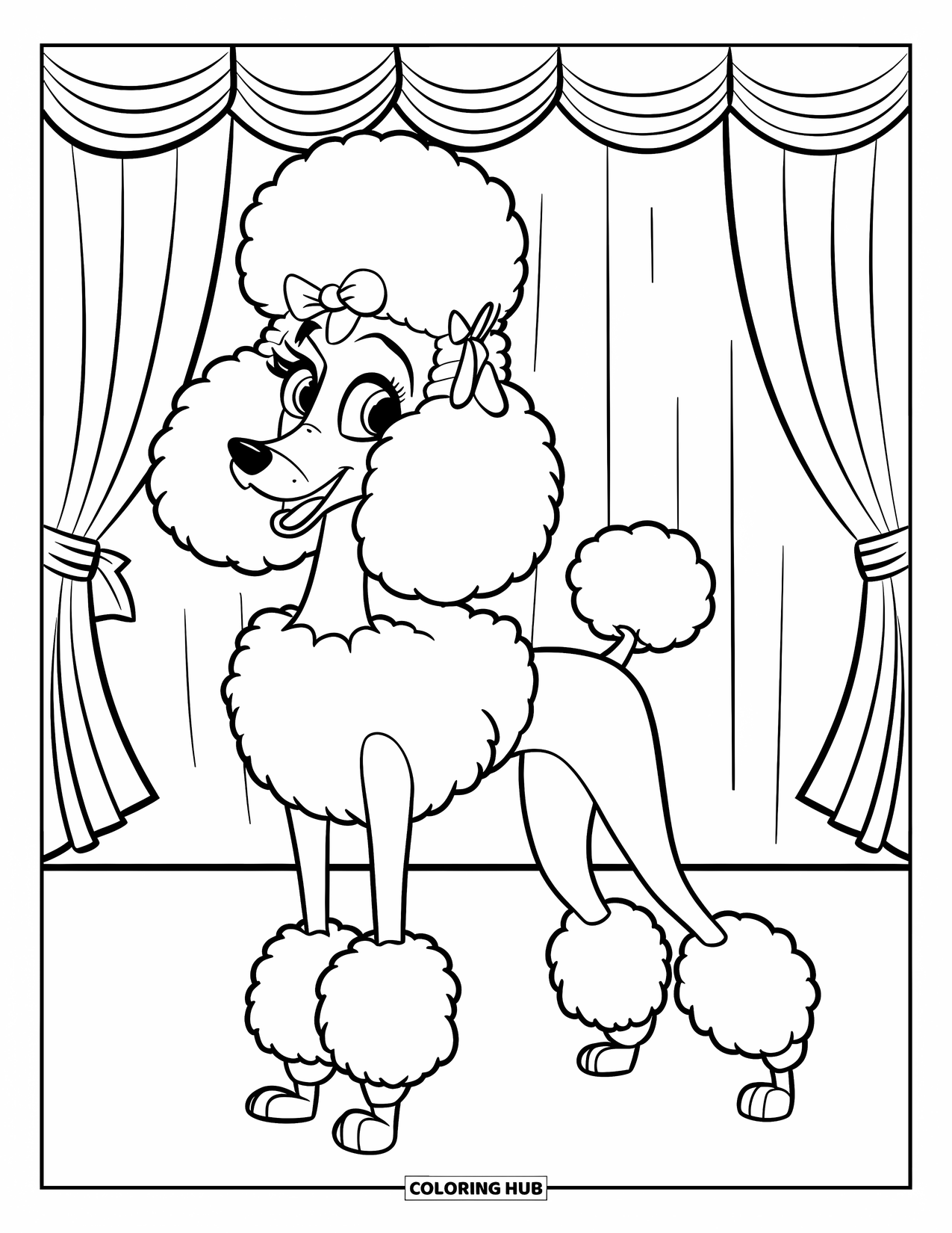 Poodle Coloring Page for Kids: A show poodle stands proudly onstage with bows and fluffy fur