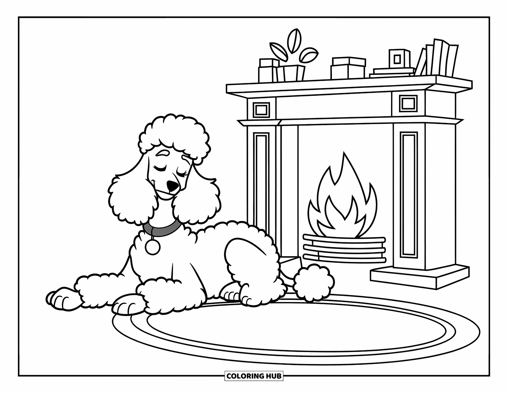 Poodle Coloring Page for Kids: A sleepy poodle rests on a blanket by a warm fireplace in a cozy room