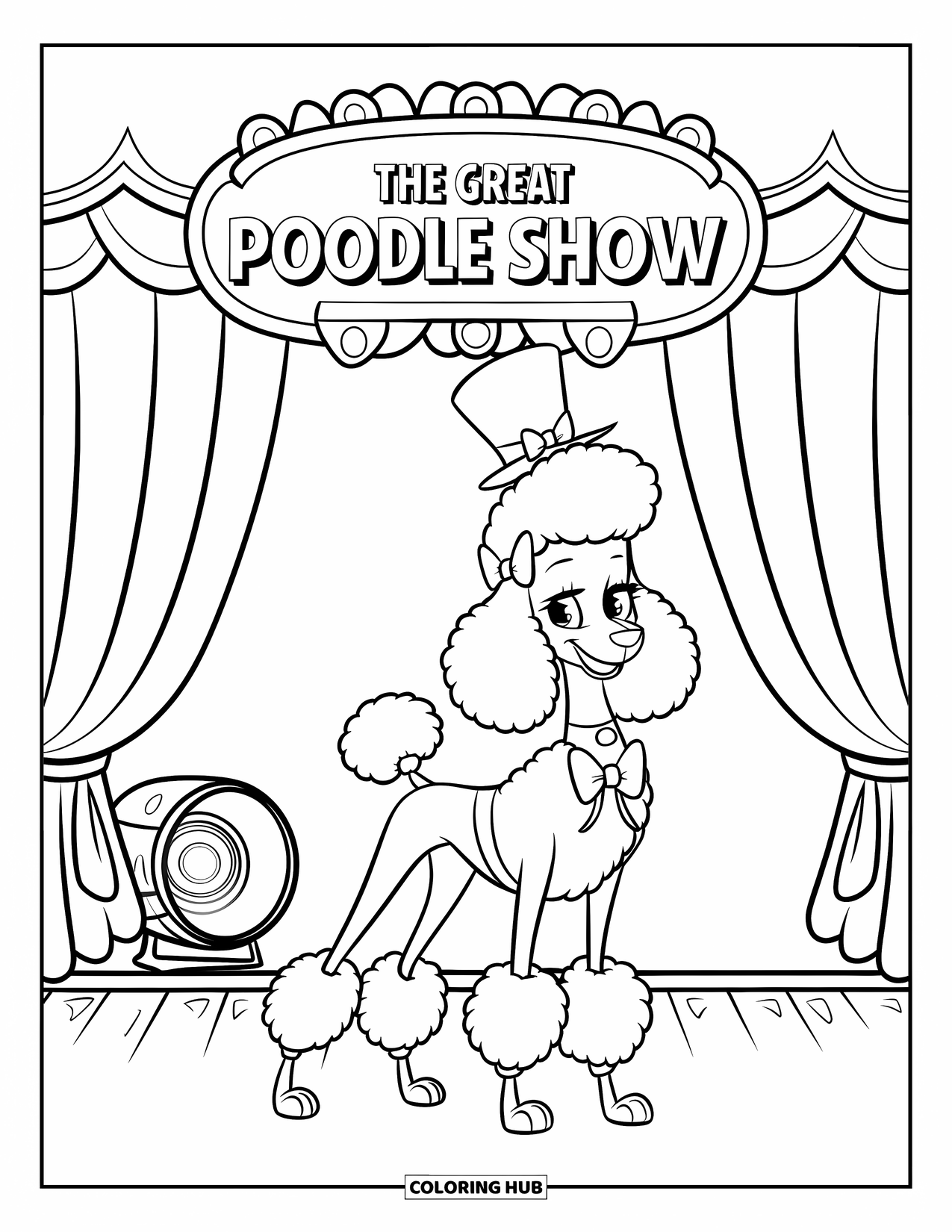 Poodle Coloring Page for Kids: A top-hat poodle performs onstage under a spotlight at "The Great Poodle Show"