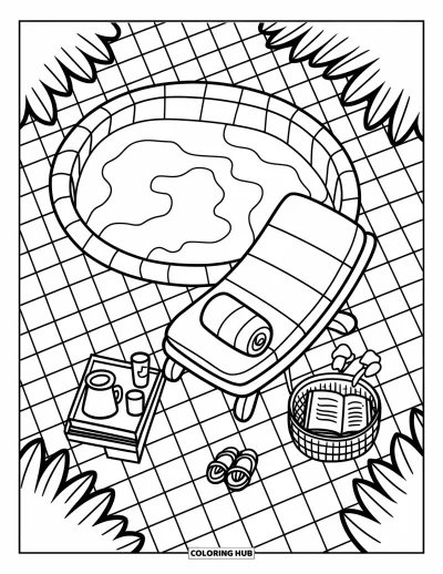 Coloriage de piscine pour adultes : Piscine circulaire avec une chaise, un plateau avec pichet, des sandales et des détails de buissons feuillus
