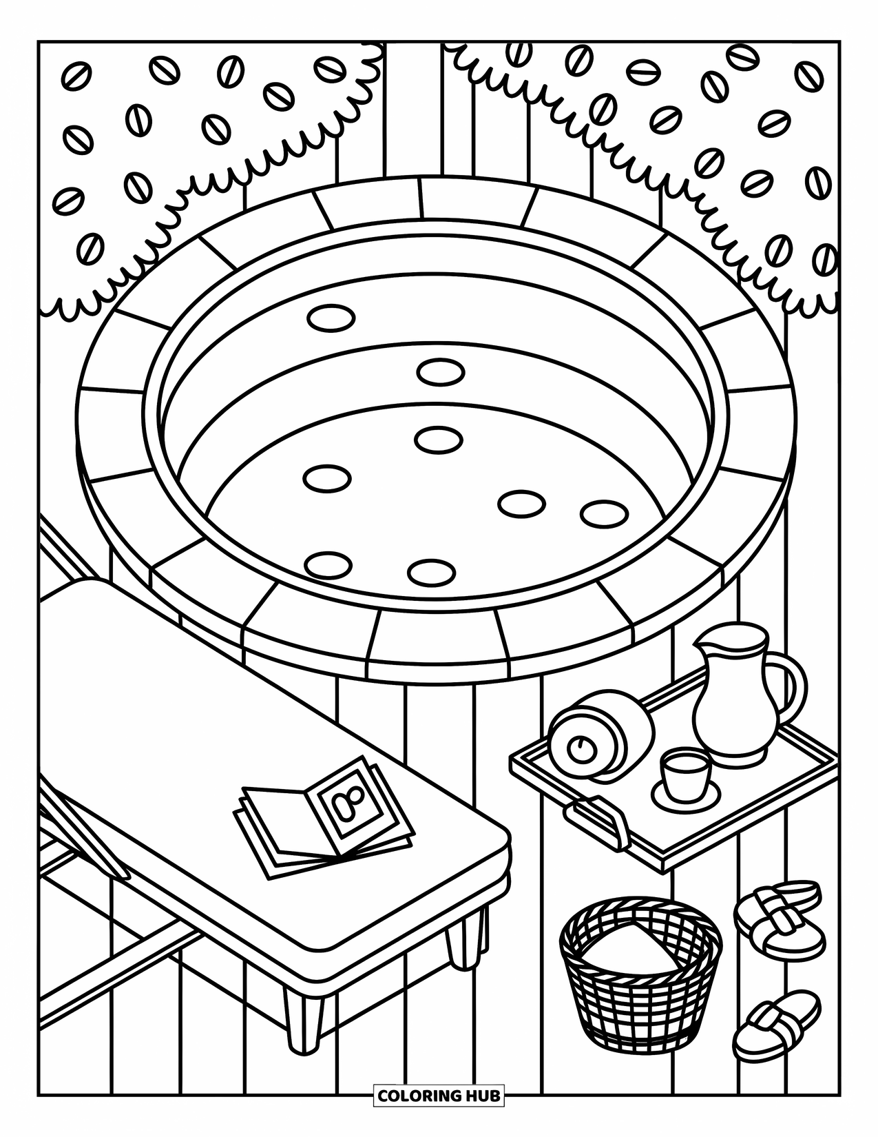 Pool Coloring Page for Adults: Circular pool with lounge chair, towel, tray, sandals, and leaves peeking from bushes