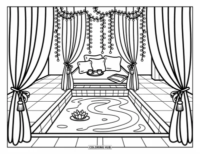 Coloriage de piscine pour adultes : Piscine de cour intérieure encadrée de rideaux, de coussins, de guirlandes lumineuses et d'un nénuphar flottant