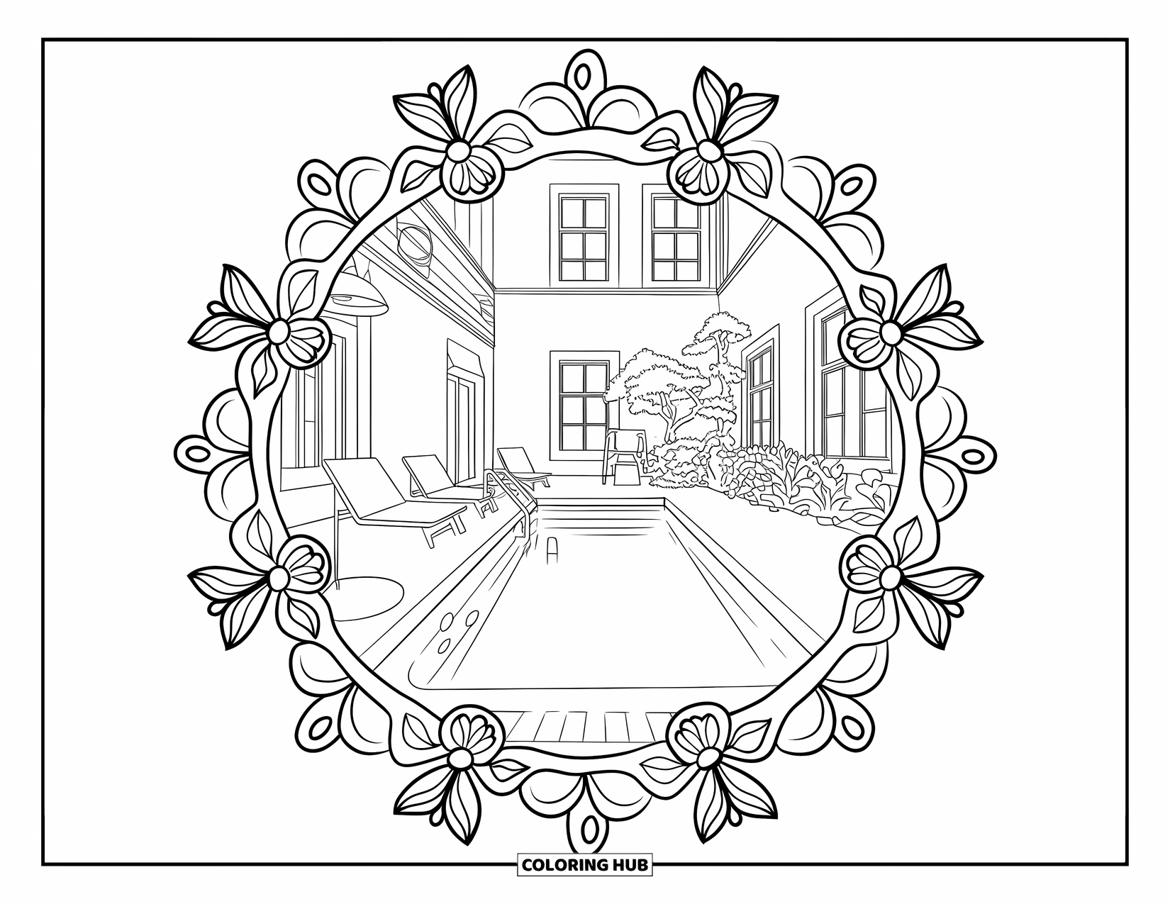 Pool Coloring Page for Adults: Courtyard pool with circular floral mandala, cozy chairs, and nearby building arches