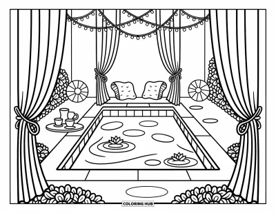 Coloriage de piscine pour adultes : Piscine de cour intérieure avec des rideaux, de la vigne, des guirlandes lumineuses et un coin douillet pour le thé