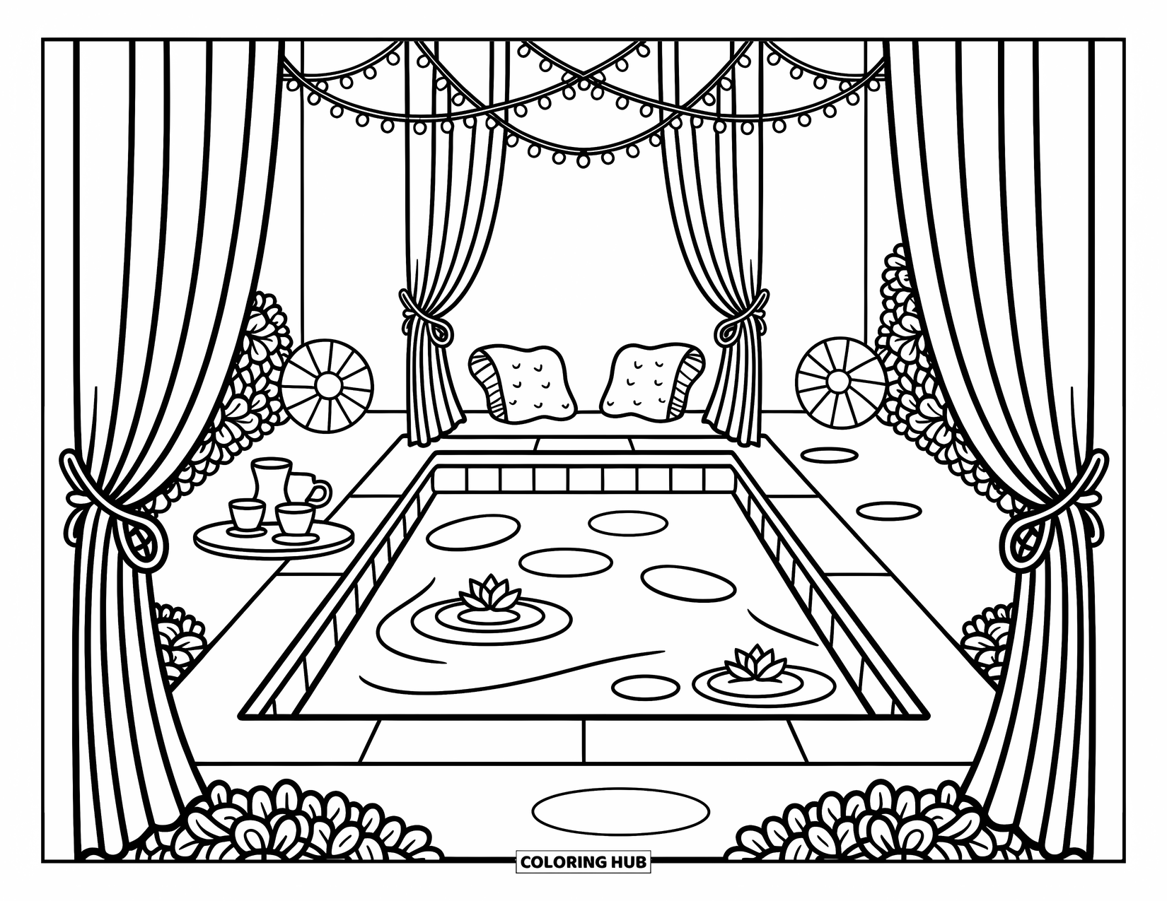 Pool Coloring Page for Adults: Courtyard pool with curtains, vines, fairy lights, and a cozy nook for tea