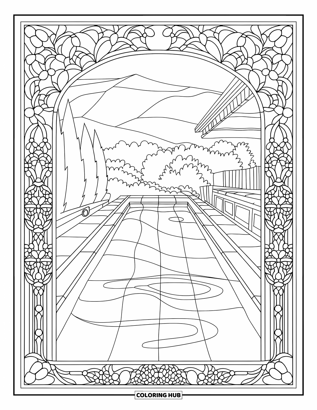 Pool Coloring Page for Adults: Cozy lap pool with ripple lines, floral borders, and a quiet landscape