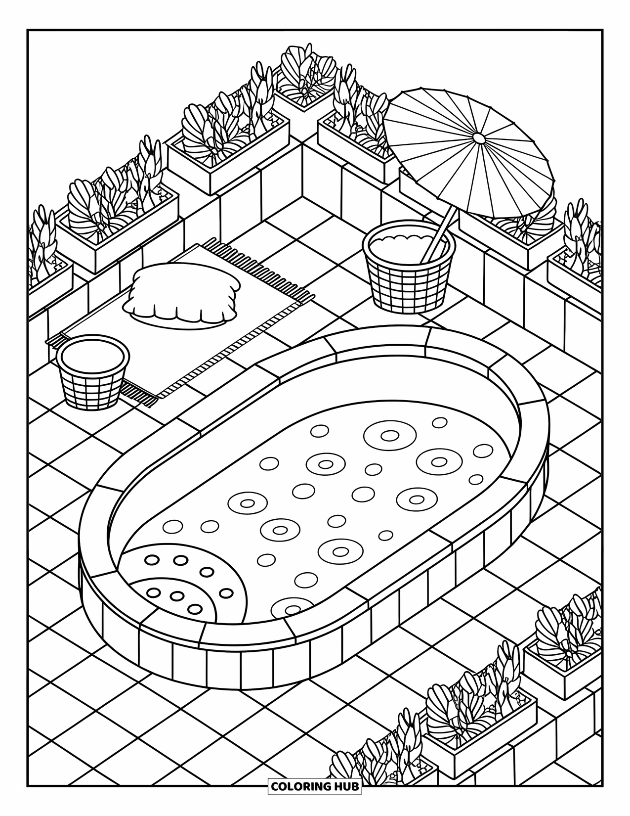 Pool Coloring Page for Adults: Cozy rooftop pool with soft ripples, a rug, and playful planter-lined walls