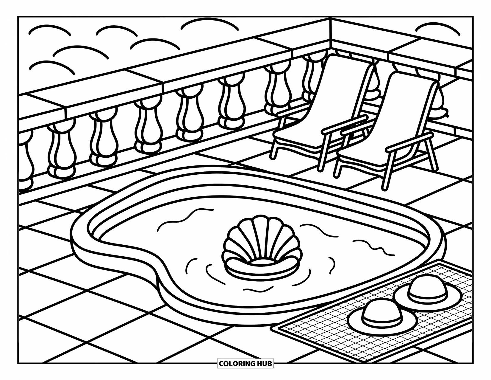 Pool Coloring Page for Adults: Cozy seaside pool with shell float, sunhats, and snacks beside comfy chairs