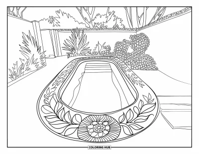 Coloriage de piscine pour adultes : Piscine encastrée et douillette avec des marches, entourée de plantes, d'arbres et d'une clôture de cour