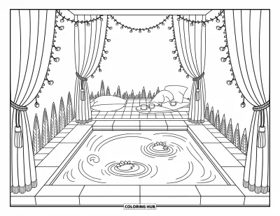 Coloriage de piscine pour adultes : Scène de piscine avec rideaux, guirlandes lumineuses, coussins, douces ondulations et un nénuphar flottant