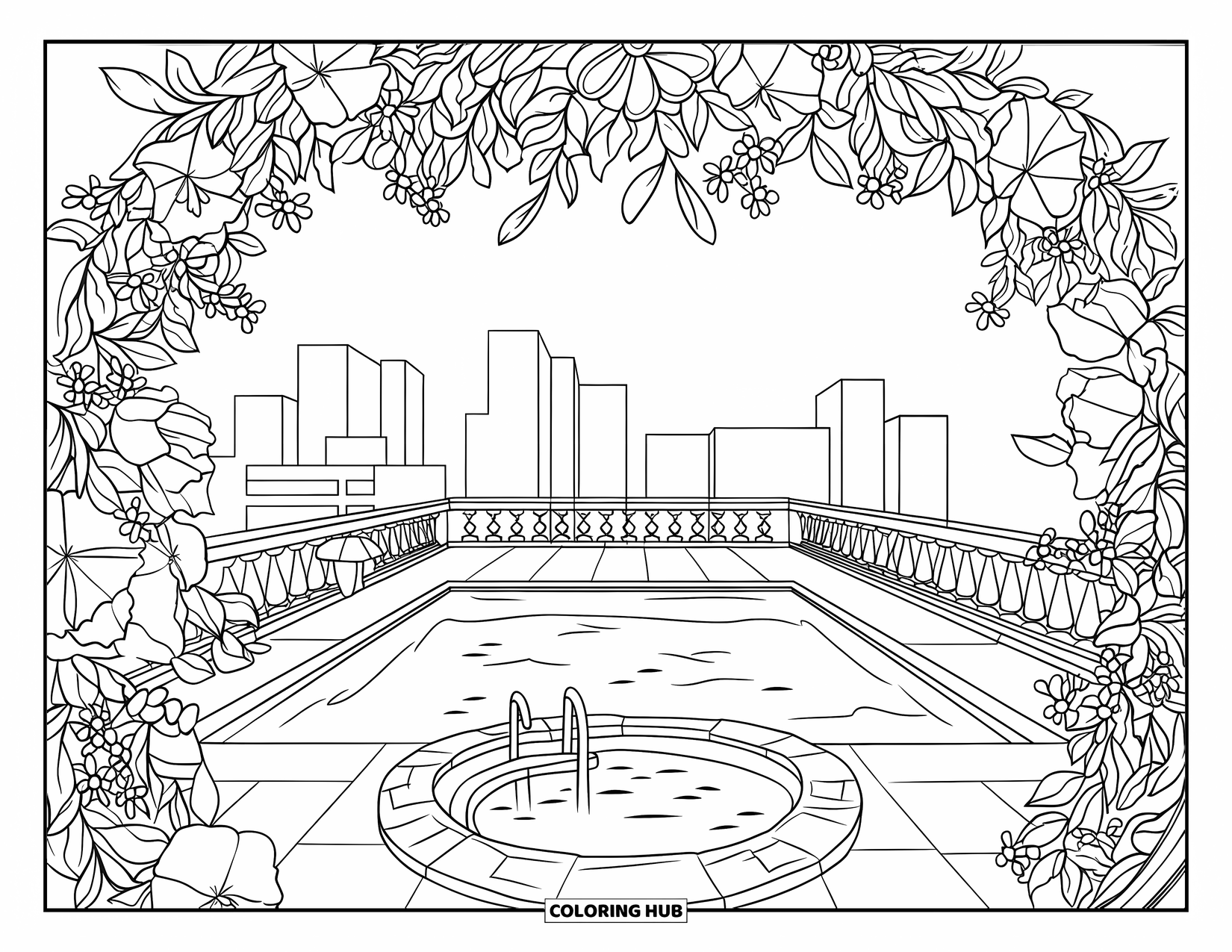 Pool Coloring Page for Adults: Elegant rooftop pool surrounded by floral stained glass and distant city buildings