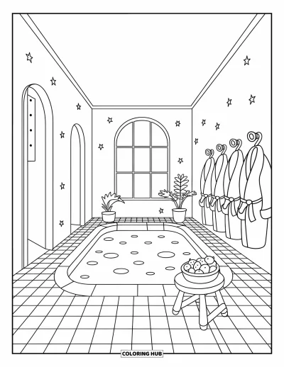 Coloriage de piscine pour adultes : Piscine intérieure avec des murs étoilés, des peignoirs, un sol carrelé et un tabouret garni de fruits