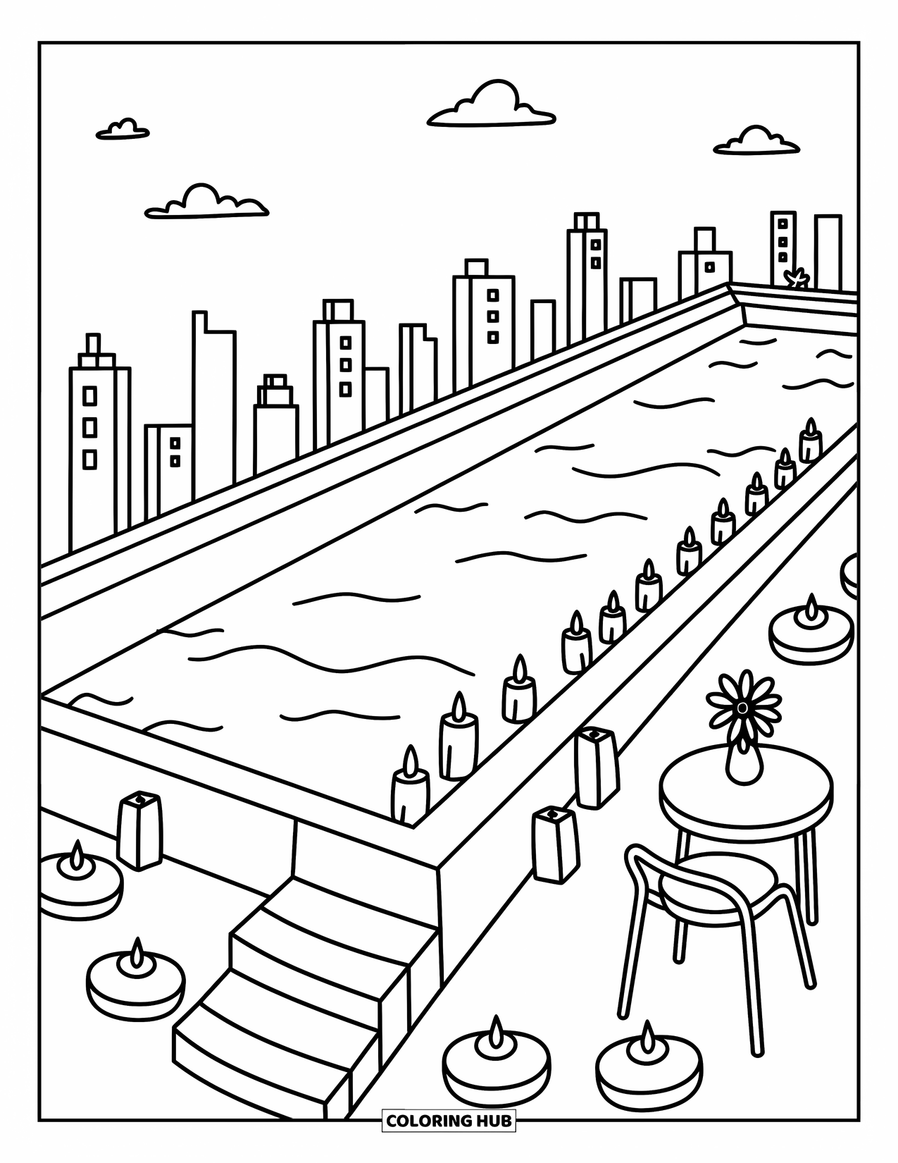 Pool Coloring Page for Adults: Infinity pool with floaties, candles, and a skyline view beside a cozy patio table