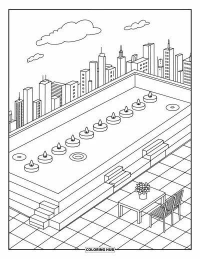 Coloriage de piscine pour adultes : Piscine à débordement avec des bougies flottantes, des fleurs en terrasse et des marches près d'une skyline pittoresque