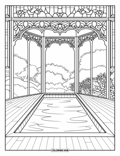 Coloriage de piscine pour adultes : Bassin de nage avec des détails de vitrail, une terrasse en bois et des arbres tout autour