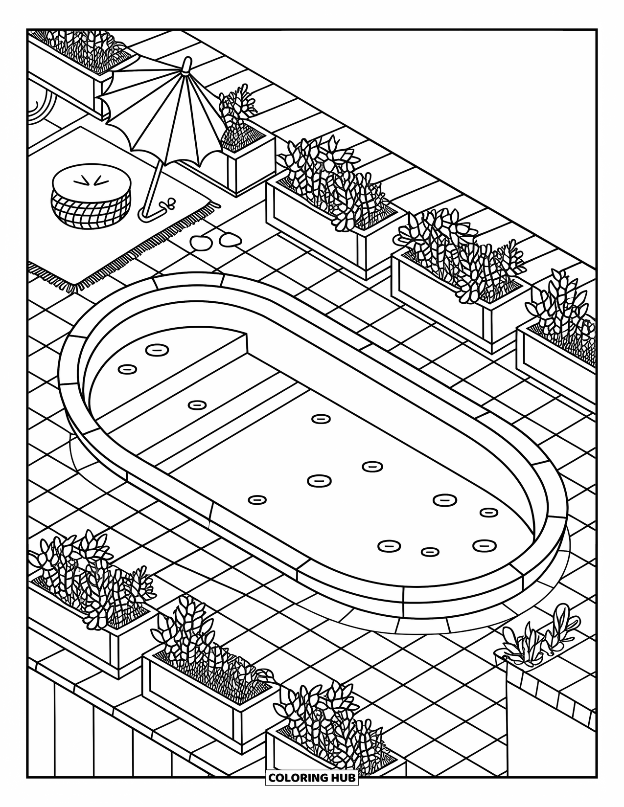 Pool Coloring Page for Adults: Oval pool on a rooftop deck with pillows, parasol, and swirling gentle ripples