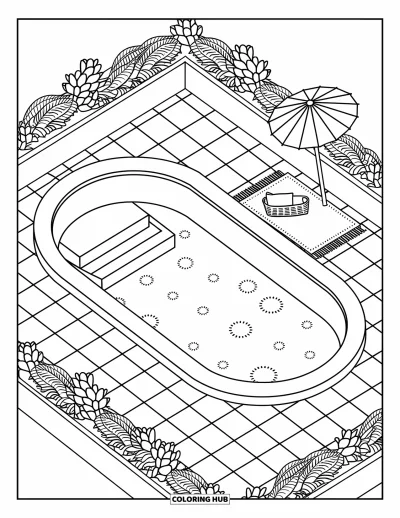 Coloriage de piscine pour adultes : Piscine ovale sur toit avec marches immergées, des jardinières feuillues et un tapis moelleux à proximité