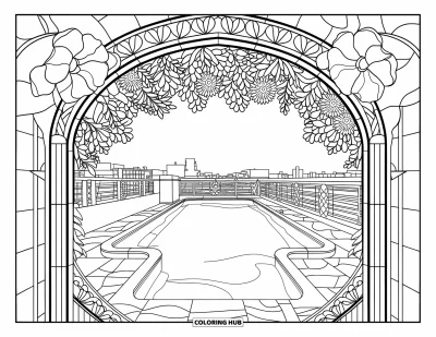 Coloriage de piscine pour adultes : Piscine sur toit paisible avec des vitraux en fleurs et une vue sur la ville