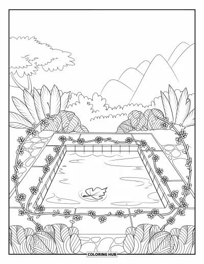 Coloriage de piscine pour adultes : Piscine carrée paisible avec une feuille flottante et des bordures florales dans un cadre montagneux