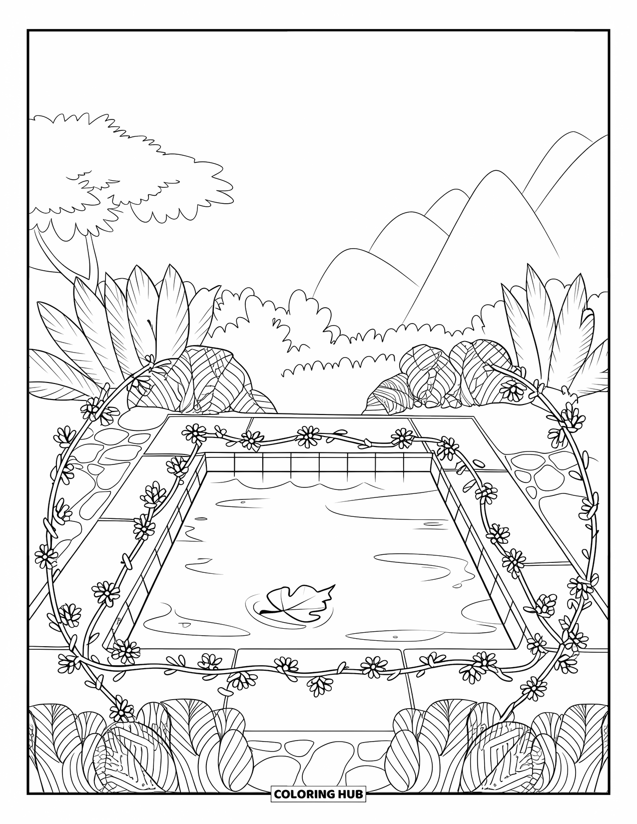 Pool Coloring Page for Adults: Quiet square pool with a floating leaf and floral borders in a mountain setting