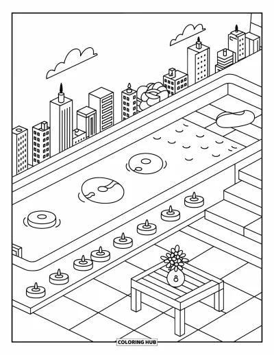 Coloriage de piscine pour adultes : Piscine rectangulaire avec des bouées, des bougies et une vue sur la skyline près d'une table et d'un vase