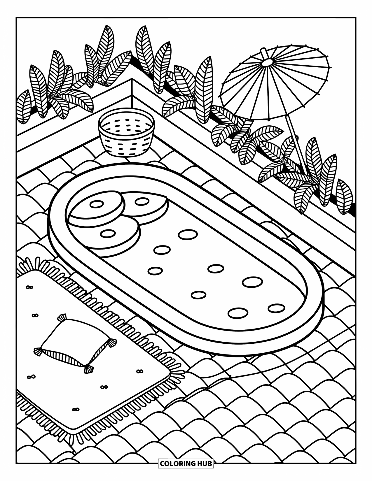 Pool Coloring Page for Adults: Rooftop pool with leafy planters, soft ripples, and a folded parasol by the wall