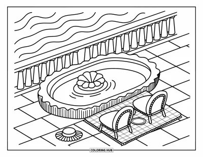 Coloriage de piscine pour adultes : Piscine en forme de coquillage avec une bouée, des chaises confortables et des vues sur l'océan au-delà de la rambarde