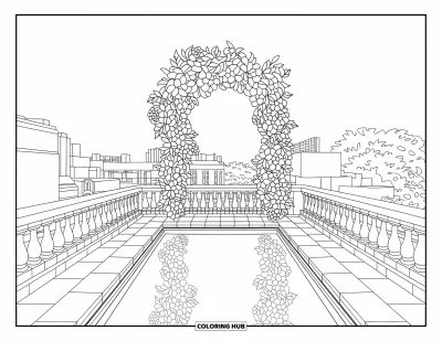 Coloriage de piscine pour adultes : Piscine sur toit apaisante encadrée de vitraux floraux avec une vue sur des bâtiments et des arbres