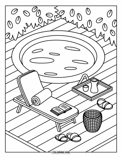 Coloriage de piscine pour adultes : Petite piscine avec une terrasse accueillante, un livre, un panier, un pichet et des feuilles créant un écrin de verdure