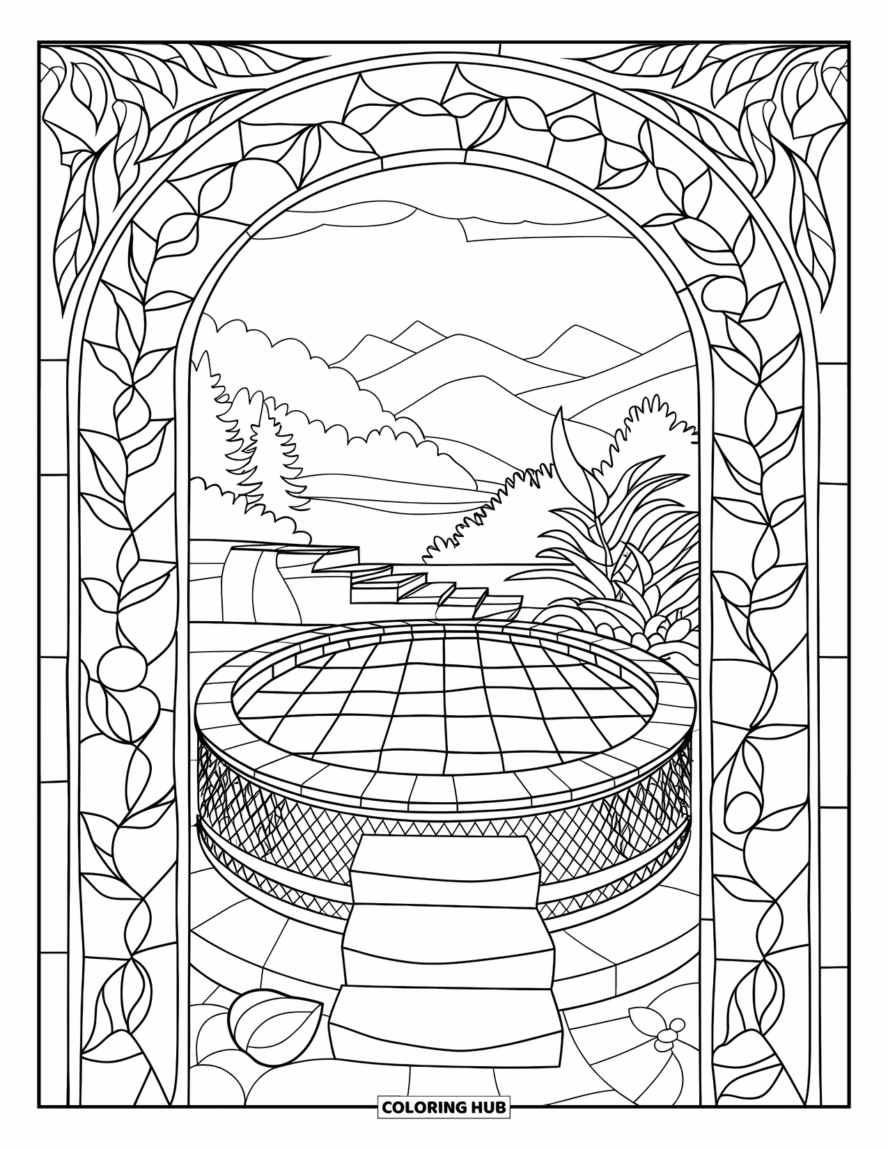 Pool Coloring Page for Adults: Spa plunge pool with mosaic tiles, stained glass, and a peaceful mountain setting